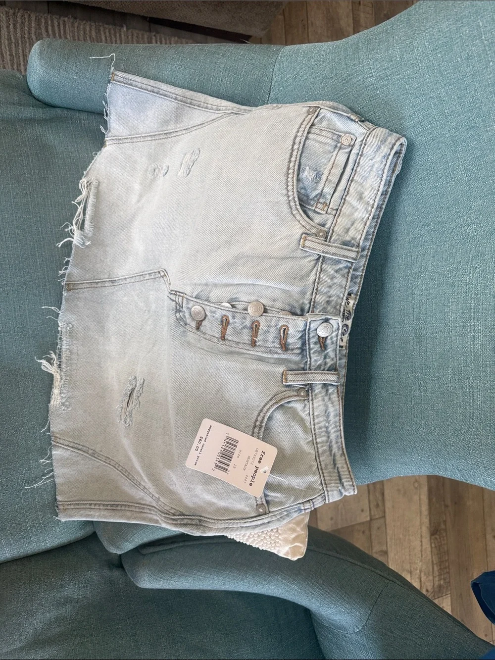 Free People Light Blue Distressed Denim Mini Skirt